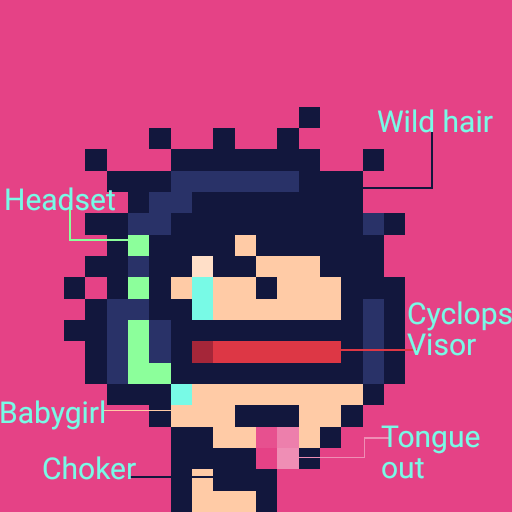 The queen of attributes.....
ATTRIBUTES -
Wild hair - 4 %
Babygirl - 48 %
Tongue out - 1 %
Choker - 13 %
Cyclops Visor - 3 %
Headset - 2 %