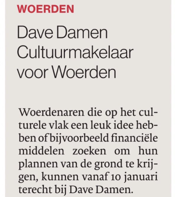 Welkom Dave Damen als cultuurmakelaar in Woerden. Goed initiatief van Cultuur Platform Woerden volgend op het cultuurmanifest dat mede tot stand is gekomen dankzij de inzet van onze D66 wethouder #georgebecht . Cultuur zorgt voor verbinding en brengt ons leven kleur!