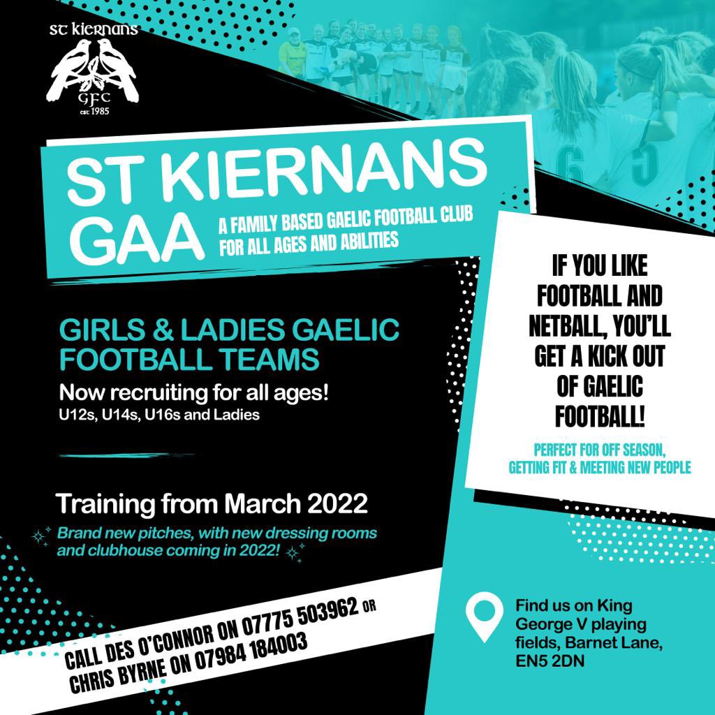 Our girls section are actively recruiting for the 2022 season from U12 right up to Ladies.

Feel free to get in touch with the club and join a thriving ladies scene 

<a href="/LondainGAA/">London GAA</a> <a href="/londonladiesgaa/">London Ladies GFA</a> <a href="/LadiesFootball/">Ladies Football</a> 

#stkiernans #londonladiesgaa