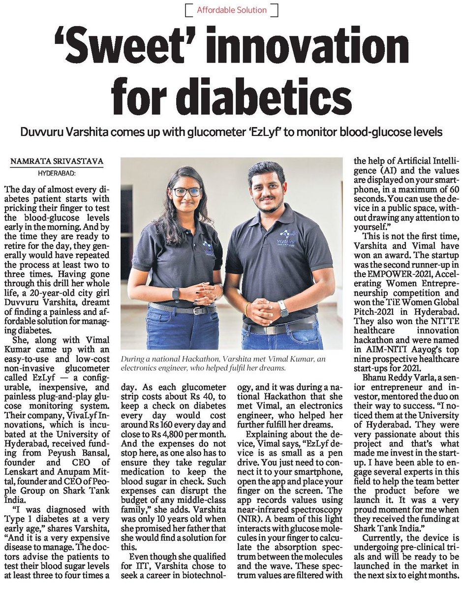 Hyderabad based youngsters come up with an interesting innovation - Non-invasive Glucometer called EzLyf I am sure Crores of Diabetics will benefit from this innovation. Great job @DuvvuruVarshit1 and @vimalkumarrn @vivalyf 👍 @KTRTRS @jayesh_ranjan @THubHyd @WEHubHyderabad