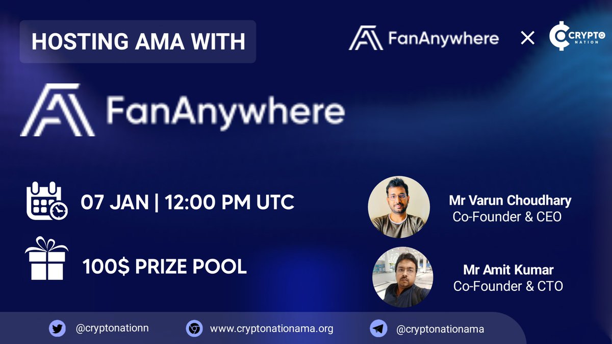CryptoNation (@cryptonationn) on Twitter photo 💫 FanAnywhere #AMA, hosted by CryptoNation
🏠Venue : t.me/cryptonationam…
⏰Time : January 7, 12 PM UTC
🤑Reward: $100 $USDT
👉🏻 Rules:
1️⃣Follow
<a href="/Fan_Anywhere/">FanAnywhere</a> @cryptonationn
2️⃣Join Fan t.me/FanAnywhere (MUST)
3️⃣Like, RT, Tag 3 Friends
4️⃣Max 5 Questions 💫 FanAnywhere #AMA, hosted by CryptoNation
🏠Venue : t.me/cryptonationam…
⏰Time : January 7, 12 PM UTC
🤑Reward: $100 $USDT
👉🏻 Rules:
1️⃣Follow
<a href="/Fan_Anywhere/">FanAnywhere</a> @cryptonationn
2️⃣Join Fan t.me/FanAnywhere (MUST)
3️⃣Like, RT, Tag 3 Friends
4️⃣Max 5 Questions