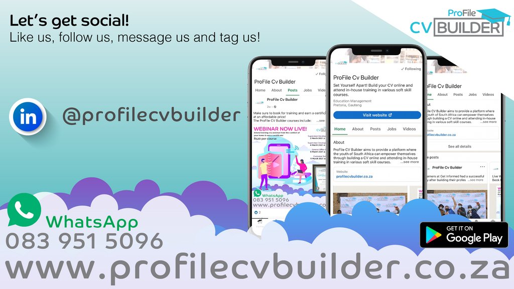 cv_profile's tweet photo. Let's get social!

Like us, follow us, message us, tag us!

WhatsApp us for any queries or assistance on:
- 083 951 5096

#Sakhaisizwe #Follow #Like #SocialMedia #CVBuilder #Tag #WhatsApp https://t.co/EIQgPsT8fJ