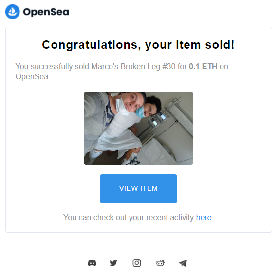 MarcosBrokenLeg's tweet photo. Today we launched or charity NFT Collection and sold our first piece!!.

Thank you to everyone sharing and retweeting from this account, every share, like or sell helps a ton.

#NFT #Opensea #bluechipnft #charity #garyvee #NFTCommunity #NFTdrop https://t.co/6gxzpoZxPq