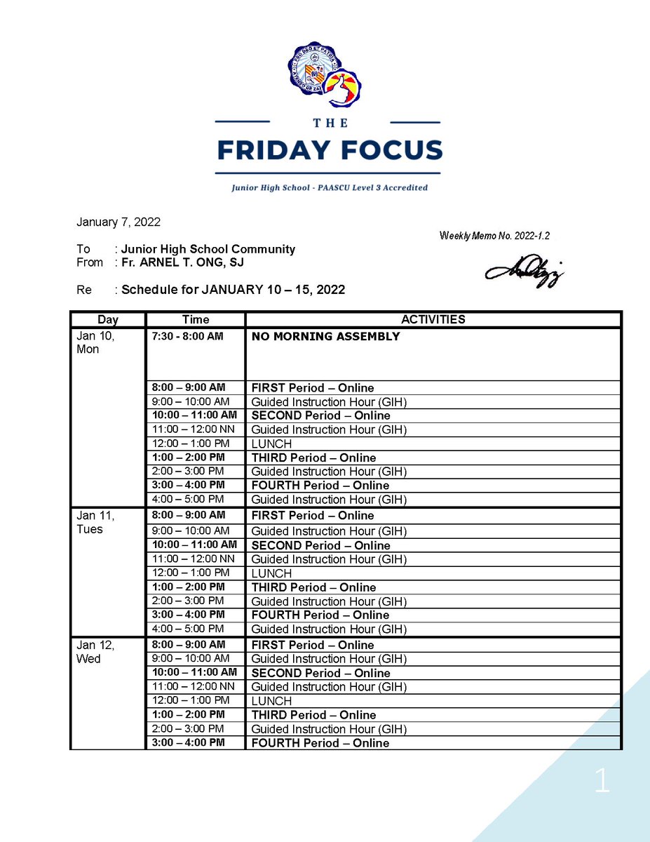 adzujhsbep's tweet photo. HEADS UP!: AdZU-JHS, here is the FRIDAY FOCUS and Schedule of Activities from Fr. Arnel T. Ong. This serves as a reminder for events and activities that will occur this January 10-15, 2022. Retweets are highly encouraged so as to get the message around! https://t.co/i0KBbDZmo7
