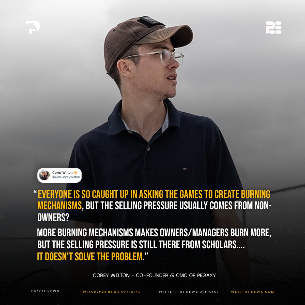 P2ENewsOfficial's tweet photo. Co-Founder of @PegaxyOfficial, @RealCoreyWilton had this to say about the current calls for burning mechanisms inside P2E Games. Do you agree? 😅

Source: https://t.co/QOJVLBw1AH https://t.co/uoEnas6gGk
