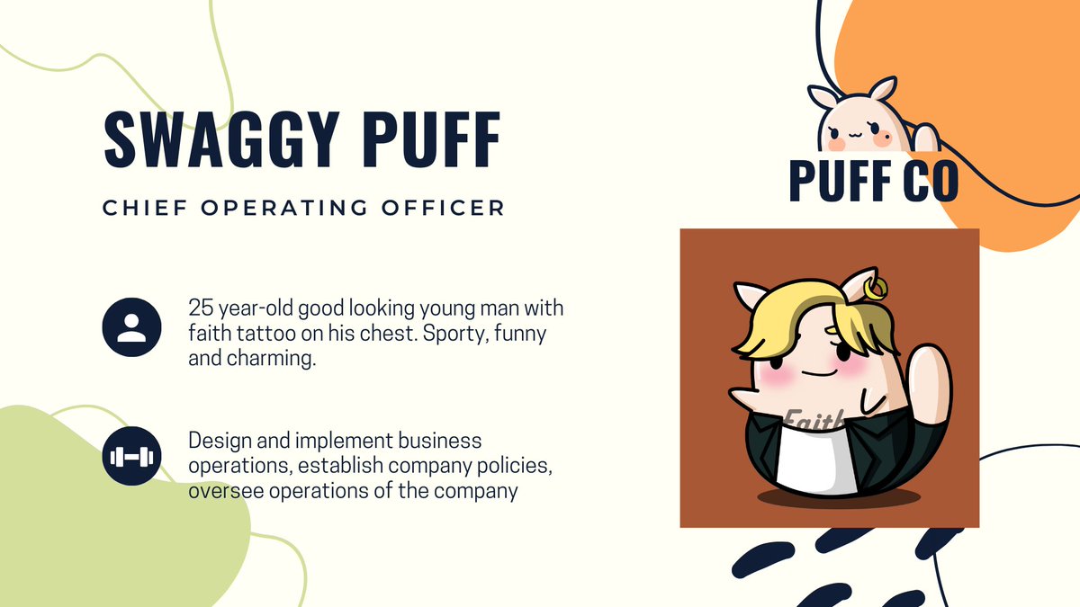 PuffME_Puff's tweet photo. Introducing our COO SwaggyPuff β€οΈ
"My greetings to Puff Armies, nothing speaks more than result. We will never disappoint our supporters. My job is to oversee operations of the company and maintain a healthy and fun environment for our beloved community!"
#puffCOO #puffteam https://t.co/akYsTPMHqR