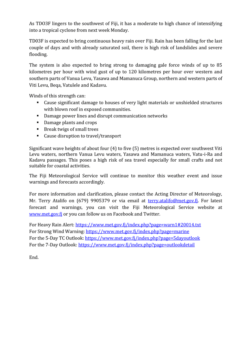 FJMETservice's tweet photo. 📢Media Release

✅TD03F Has Moderate to High Chance of Developing Into a Tropical Cyclone by Monday

✅Risk of Strong Winds, Continuous Heavy Rain and Severe Flooding https://t.co/pYArxpTBIl