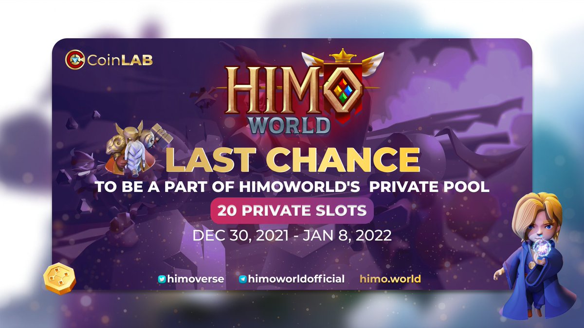 bryanlreal's tweet photo. 📢Last chance &amp; last day to join @himoverse private pool guys!
🎁20 Private Slots : $100/slot.
📝Join now: https://t.co/LT9xr0Noh3
⏰Deadline: 12:00PM UTC JAN 8th 2022
💪Hurry up guys!
#CoinLAB #HimoWorld https://t.co/MNgMiRJG25
