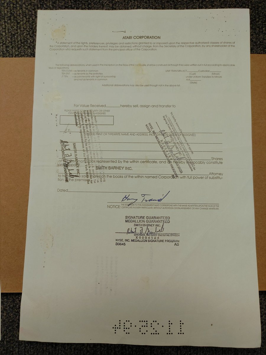 Amazing stock certificate I got a few years ago. He was one of the founders of Atari. The signature on back is his, not a stamp.