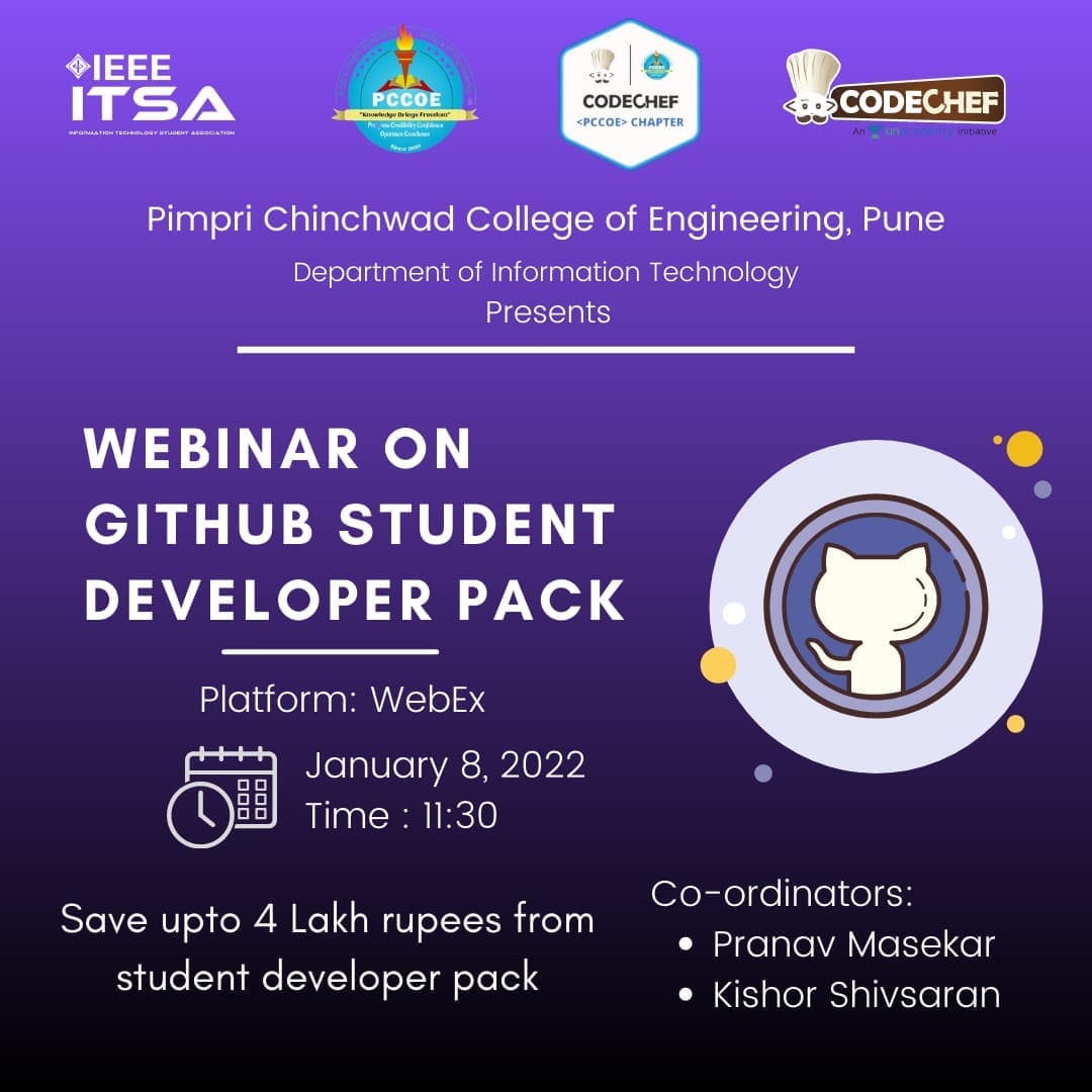 CodechefPccoe's tweet image. 🎊 Greetings from PCCOE Codechef Chapter and IEEE ITSA Student Branch🎊
Awareness about
*🎇 Github Student Developer Pack*
Date 🗓️ : Saturday, 8th January 2021
Time ⏰ : 11:30 AM (IST) 
Platform : Webex
Webinar Link🔗: ieeemeetings.webex.com/ieeemeetings/j…
Regards, 
CODECHEF &amp;lt;PCCOE&amp;gt; CHAPTER ✨