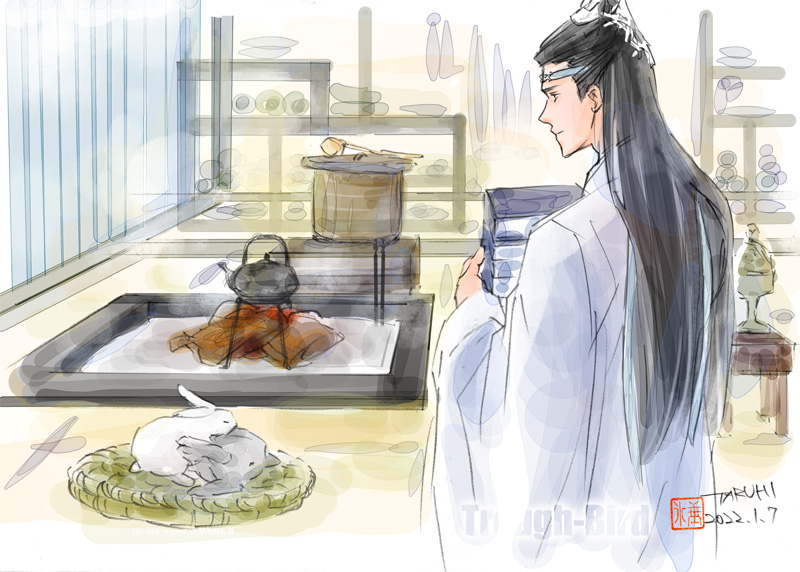 1boy long hair male focus black hair rabbit chinese clothes kettle  illustration images
