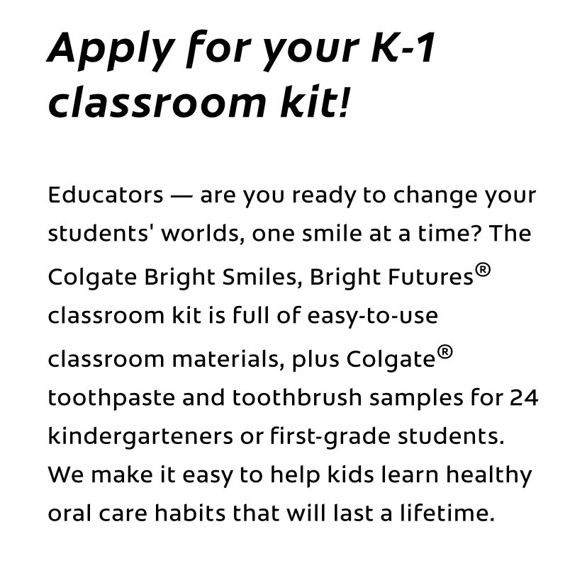 I know I’m connected with a few educators on here, so share with your K-1 teachers! colgate.com/en-us/oral-hea…
