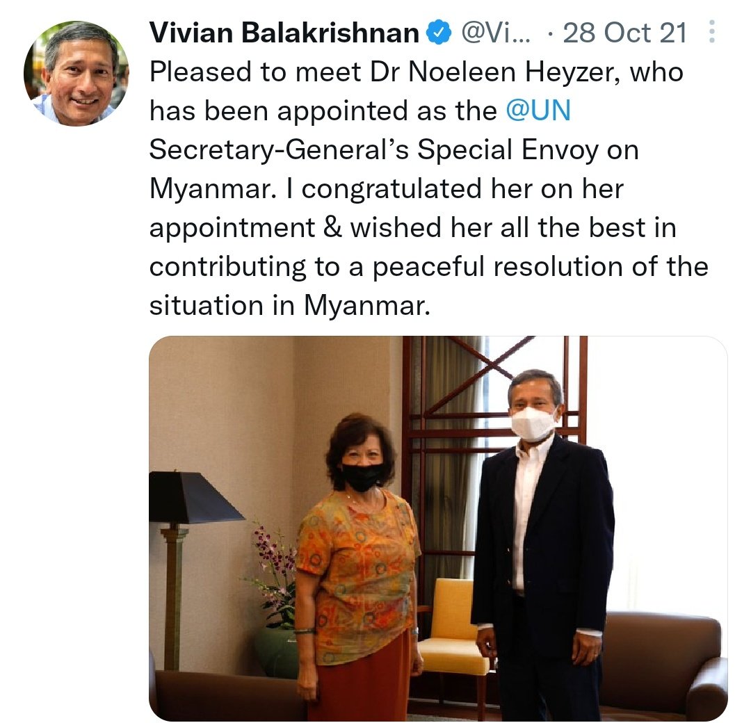 MayWongST's tweet photo. Since assuming her role as #UN special envoy to #Myanmar mid-Dec, Dr Noeleen Heyzer has been communicating with #ASEAN ministers on Myanmar #crisis. Myanmar had announced last month it has closed UN special envoy's office indicating refusal to cooperate #WhatsHappeningInMyanmar https://t.co/UxY9J6qKpI