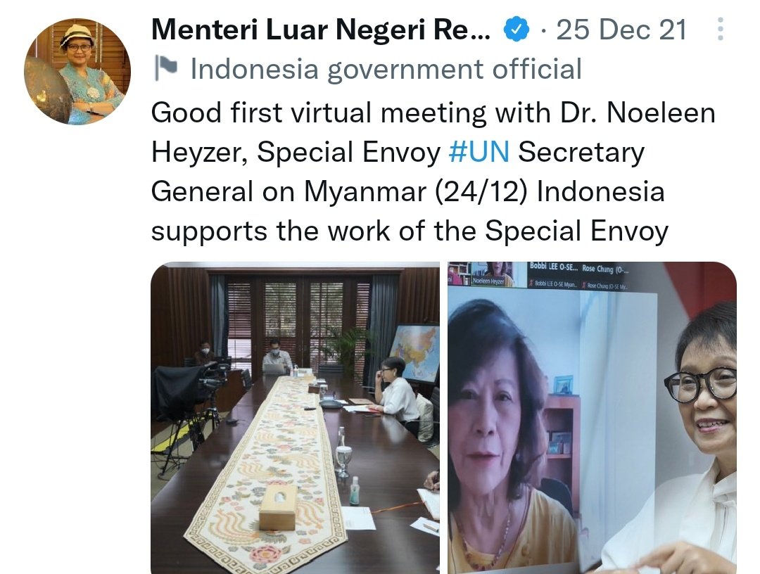 MayWongST's tweet photo. Since assuming her role as #UN special envoy to #Myanmar mid-Dec, Dr Noeleen Heyzer has been communicating with #ASEAN ministers on Myanmar #crisis. Myanmar had announced last month it has closed UN special envoy's office indicating refusal to cooperate #WhatsHappeningInMyanmar https://t.co/UxY9J6qKpI