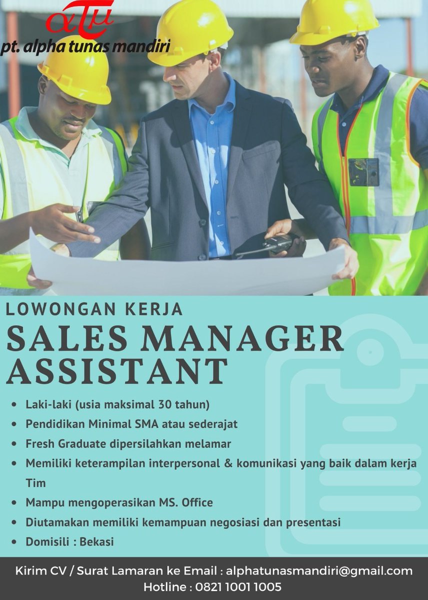 alphatunas's tweet photo. PT Alpha Tunas Mandiri

WE'RE HIRING !

Posisi : Sales Manager Assistant

Jika Anda tertarik, silahkan kirimkan CV dan surat lamaran Anda ke email alphatunasmandiri@gmail.com

#lokerbekasi #lokerjabodetabek #lowonganpekerjaan #lokercot #lokerfreshgraduate #infoloker #lokersales https://t.co/Vtb0ecLK4q