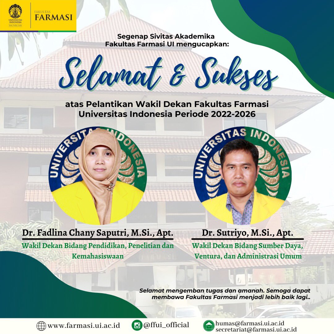 ffui_official's tweet photo. Selamat dan sukses atas pelantikan Wakil Dekan Fakultas Farmasi Universitas Indonesia Periode 2022-2026.

Selamat mengemban tugas dan amanah. Semoga dapat membawa Fakultas Farmasi menjadi lebih baik lagi.

#FakultasFarmasiUI
#FFUI https://t.co/vMiWqAsfVx