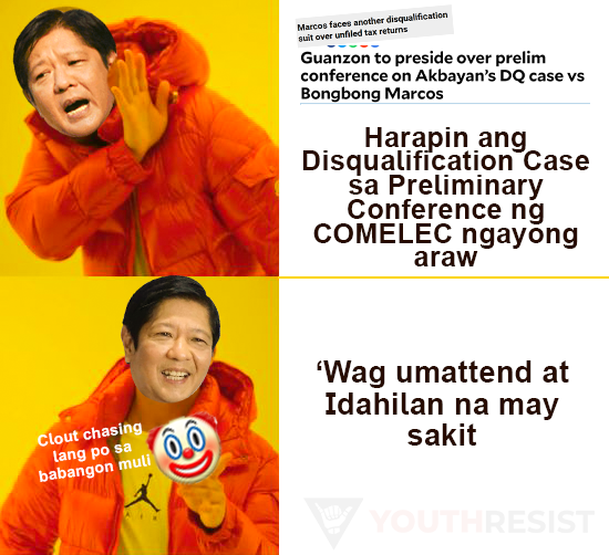 YouthResistPH's tweet photo. Mariing tinututulan ng YouthResist ang ganitong mga taktika at maduduming galawan ng kampo ng mga magnanakaw at tax-evader, If he can vlog, he can definitely appear on video for today's preliminary conference para depensahan at bigyang linaw ang kanyang sarili. #DisqualifyBBM https://t.co/QIprakHIp8