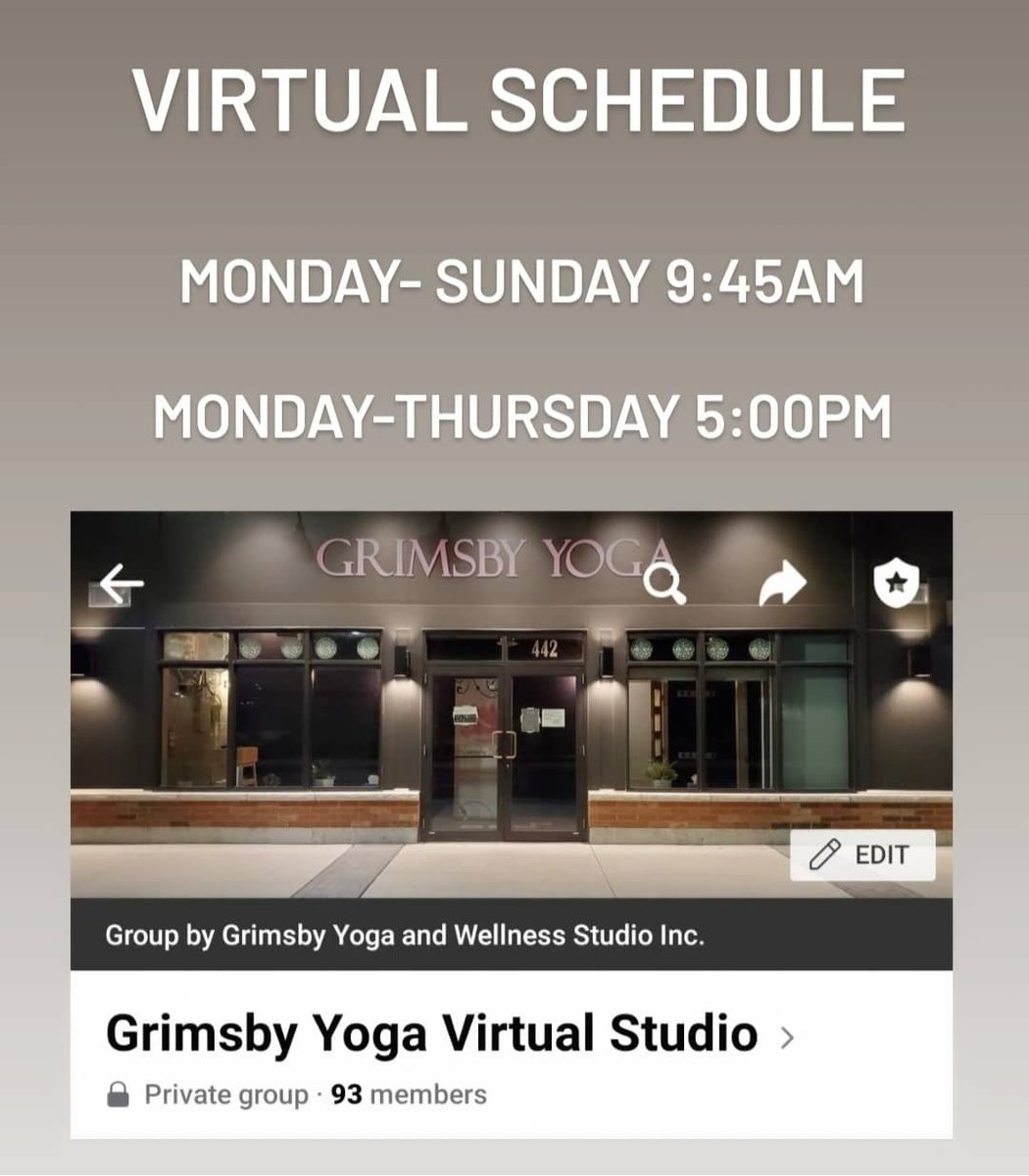 Join us daily for FREE virtual yoga! facebook.com/groups/6398532…
400 classes in our library and new 30 minute classes added daily!
Monday - Sunday 9:45am
Monday - Thursday 5:00pm

Keep up with your practice. We'll be back in studio soon!