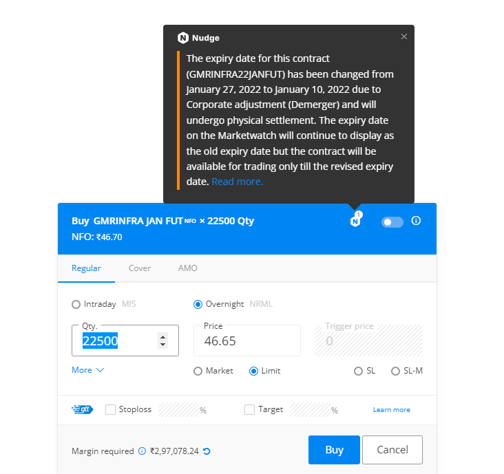 zerodha's tweet photo. Due to a demerger in GMR Infrastructure, all F&amp;O contracts will expire on Jan 10th and will be physically settled, and new contracts will be introduced from Jan 11th. This is the nudge we are showing on Kite. 

More about the demerger: https://t.co/orzyDUZ0YE https://t.co/JDbHoWA6J6