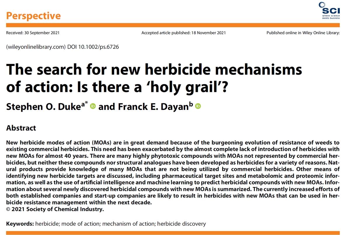 HerbicideDisco1's tweet photo. The thinkpiece by Duke &amp; Dayan in Pest Manag. Sci. "The search for new herbicide mechanisms of action - Is there a 'holy grail'?" is now in pretty typeset form. They're a little pessimistic, but maintain it's natural products coming to the rescue 🤔
https://t.co/AcvkMNDN2b https://t.co/C6zR3dY8YO