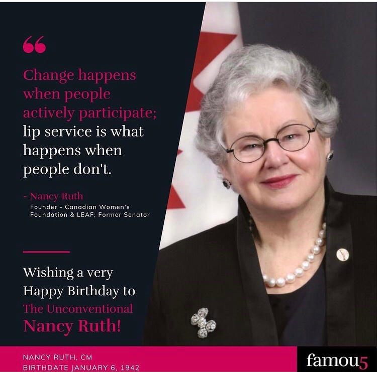 Famous5Fdn's tweet photo. Happy Birthday 🥳 to Hon. Nancy Ruth! Senator Nancy Ruth has led an unconventional life. From her religious ministry to rewriting Canada’s national anthem to make it gender-neutral, this woman has put her stamp on Canada’s public life. #nancyruth #womeninpolitics #wearefamous5 https://t.co/zPI5Zll3aX