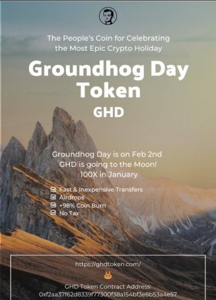 NEW Gem 💎 <a href="/GroundhogToken/">Groundhog Day</a> 🚨

$GHD the next #100xgem 
project just LAUNCHED🚀
💯 Get in while its cheap
🔥Plus GroundHog Day is NEXT MONTH 👀🚀
💎Legit Dev 
 
💰Buy: pancakeswap.finance/swap?outputCur…

🌐web:ghdtoken.com
📱Tg:t.me/groundhogtoken
#BSCGemsAlert #BSC #BSCGem