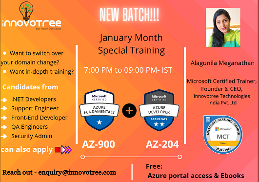 InovoTree Technologies - Slow Track Session Details Update!!!
Starts with a basic concept!!! Two Certifications!!!
New weekday batch for AZ900+AZ204, courses from January 17, 2022
Register here...
bit.ly/3B7USjv
100% Pass Guaranteed!!!
contact at enquiry@innovotree.com