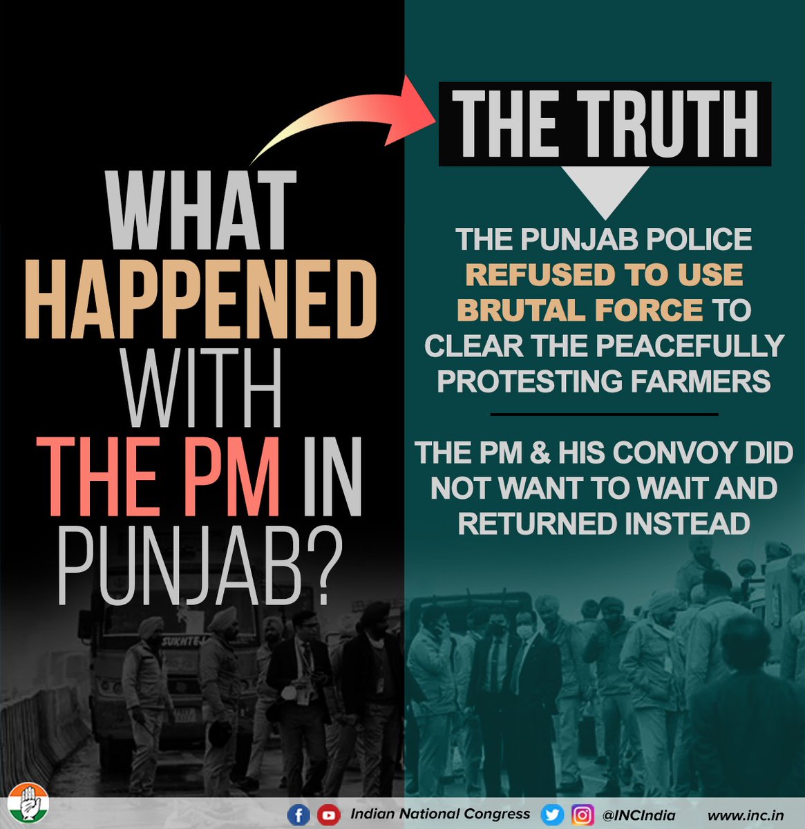 PplOfCongress's tweet photo. What happened with PM in Punjab?
The Truth: All arrangements were made by Punjab Govt working in tandem w/SPG &amp; other central agencies.
PM's RALLY WAS NOT CANCELLED B'COZ PUNJAB BREACHED HIS SECURITY, IT WAS CANCELLED B'COZ HE BREACHED THE TRUST OF PUNJAB.

#पंजाब_माफ_नहीं_करेगा https://t.co/vFSa9WgkZ8
