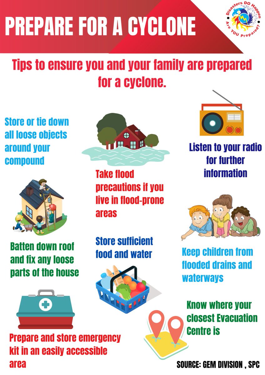 FijiNDRMO's tweet photo. 📢PREPARATION before a cyclone is critical in ensuring people's safety &amp; any loss of life‼️
The @FijiNDMO continues to urge all Fijians to use this time to prepare your families &amp; communities accordingly❗️

🚨See⬇️for some tips on how to PREPARE for a CYCLONE📌

#BePrepared https://t.co/5EF5nCjPie