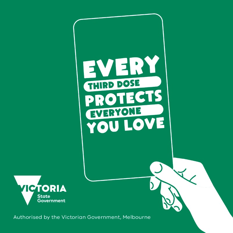 VicGovDH's tweet photo. Getting your third dose of the vaccine now, won’t just protect you. 
It means you’ve done everything you can to protect your entire family from serious illness. 
Find your nearest vax site and walk in, or book now at https://t.co/hevvh51ISV