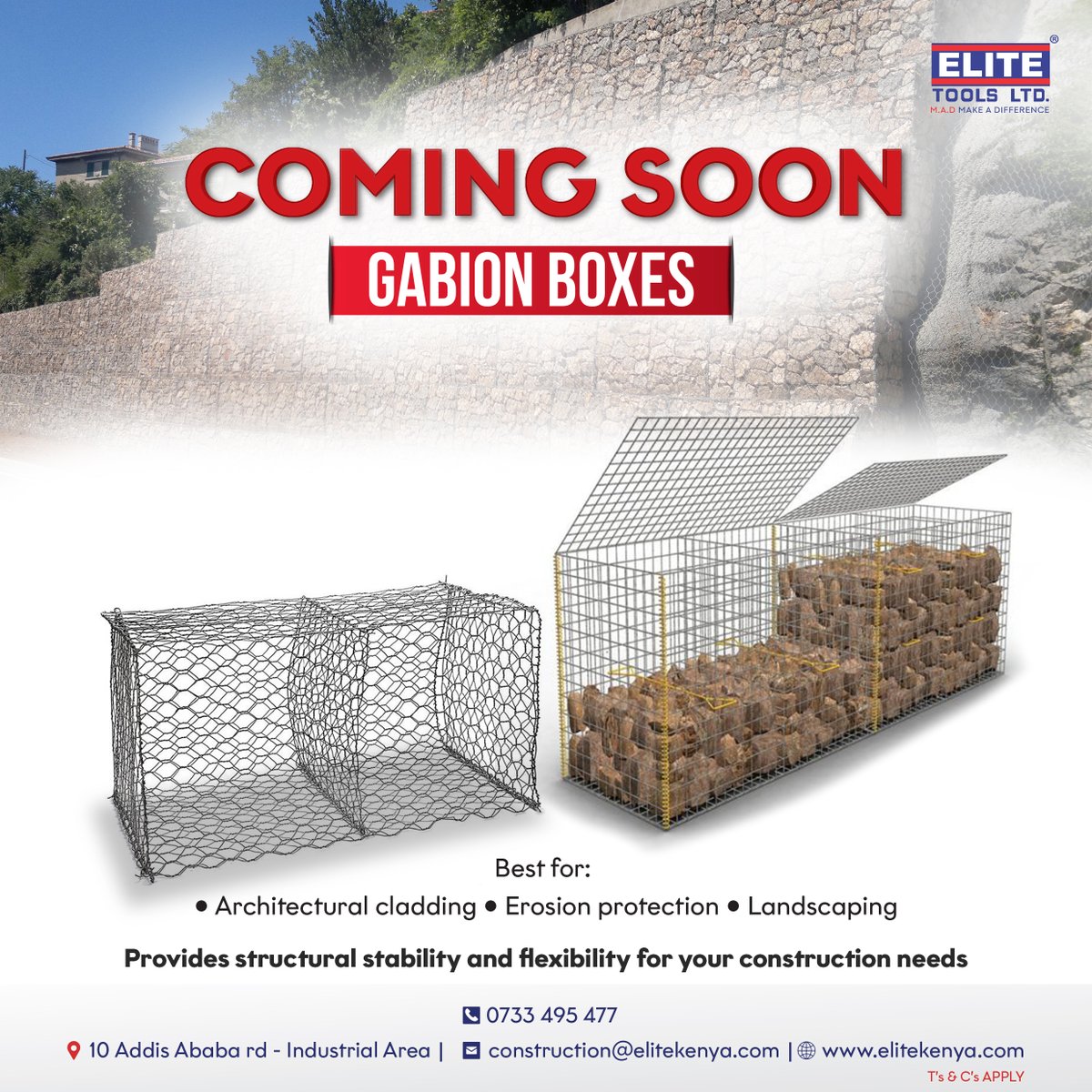 elite_toolsltd's tweet photo. COMING SOON! Gabion Boxes. Best for Architectural Cladding, Erosion Protection and Landscaping. Interested? Please Call us on 0733 495 477 or Email us directly on construction@elitekenya.com. 
Location: Addis Ababa Rd, Off Enterprise Rd, Industrial Area.
#gabionboxes https://t.co/tbyacjpYbw