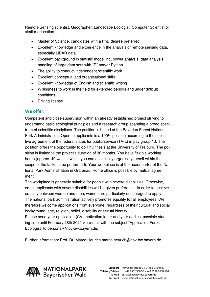 Wild_Ecol_Cons's tweet photo. We're strengthening our remote sensing focus and are hiring a remote sensing scientist (MSc/PhD) to improve the forest monitoring in the Bavarian Forest National Park.🛰️🛩️🌲

Full position for three years!

Find the details below and please distribute! 📢 https://t.co/4UDDz1vjmk