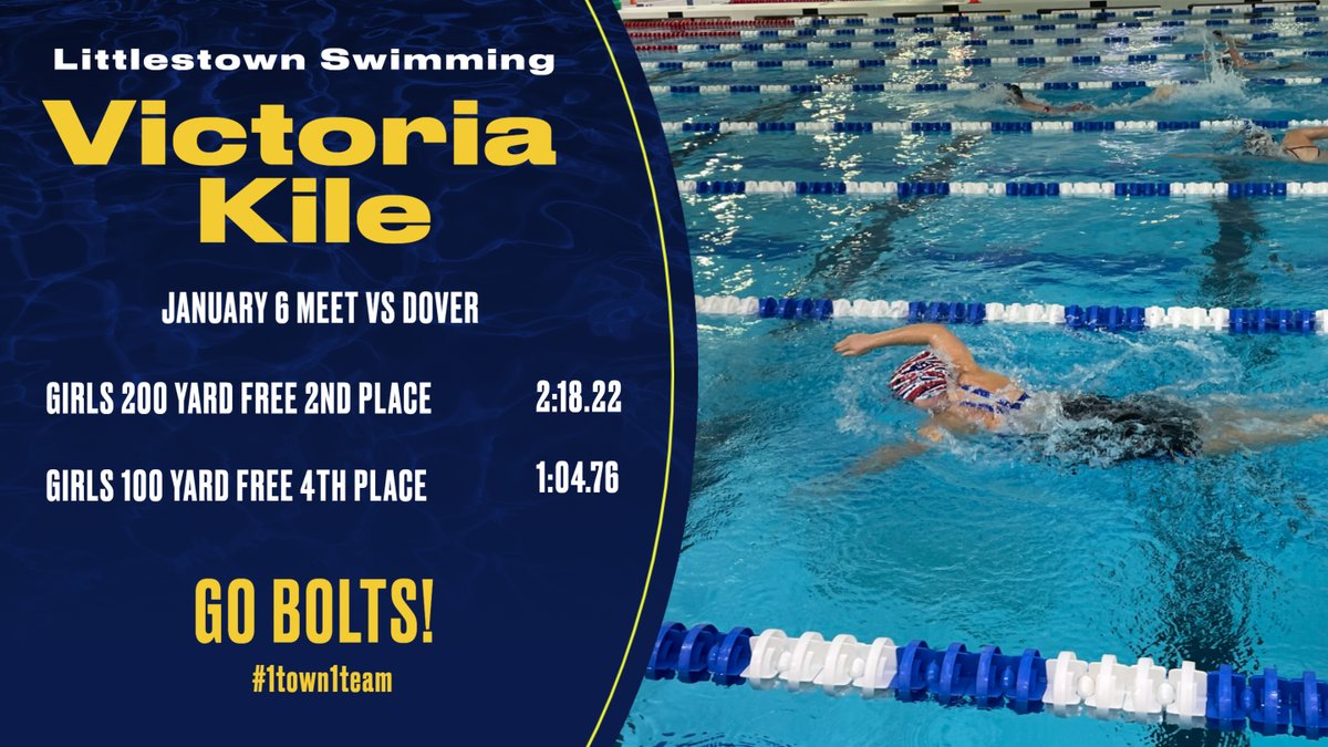 LtownAthletics's tweet photo. Congratulations to our Littlestown swimmer, Victoria Kile who swam against Dover on Thursday Jan 6. Victoria place 2nd in the 200yd Free in a time of 2:18.22 and 4th in the 100yd Free in 1:04.76.  Way to go! Bolt Proud. #1town1team https://t.co/jm7dV5HIMr