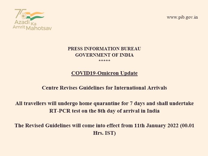 MoHFW_INDIA's tweet photo. #OmicronVariant 
#Unite2FightCorona

➡️ Centre has revised guidelines for International arrivals; to come into affect from 11th Jan 2022.

Read more: https://t.co/YbE4uWf8Sf

https://t.co/xcHL3tXNQ4 https://t.co/pVl1ak44Zk