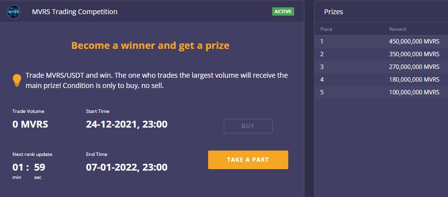 $MVRS TRADING COMPETITION ENDS TODAY!

JOIN NOW DOR A CHANCE TO WIN UP TO 50,000$ IN PRIZES!

#MVRS #METAMVRS #Giveaway