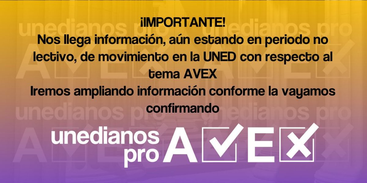 Parece que hay movimiento en la <a href="/UNED/">UNED</a> con respecto al uso de #AVEX.
¿Reinará finalmente la cordura en esta institución o la empatía y el sentido común siguen en #Rebajas?
#LaUNEDNoSeAdaptaATi 
#UNEDpasaDeLaPandemia
