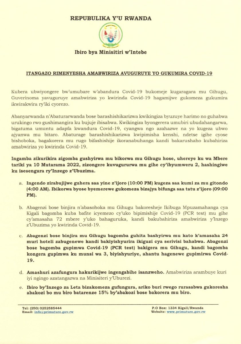 PrimatureRwanda's tweet photo. Itangazo riturutse mu Biro bya Minisitiri w'Intebe rimenyesha amabwiriza avuguruye yo kwirinda COVID-19. https://t.co/gj6gUgpk4l
