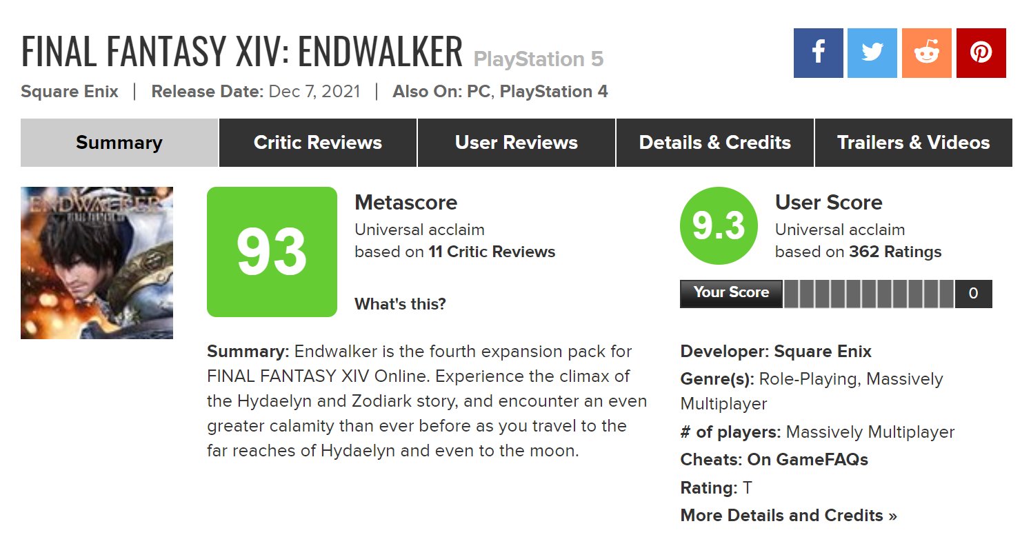 Metacritic's highest user score in 2021 is Final Fantasy 14: Endwalker