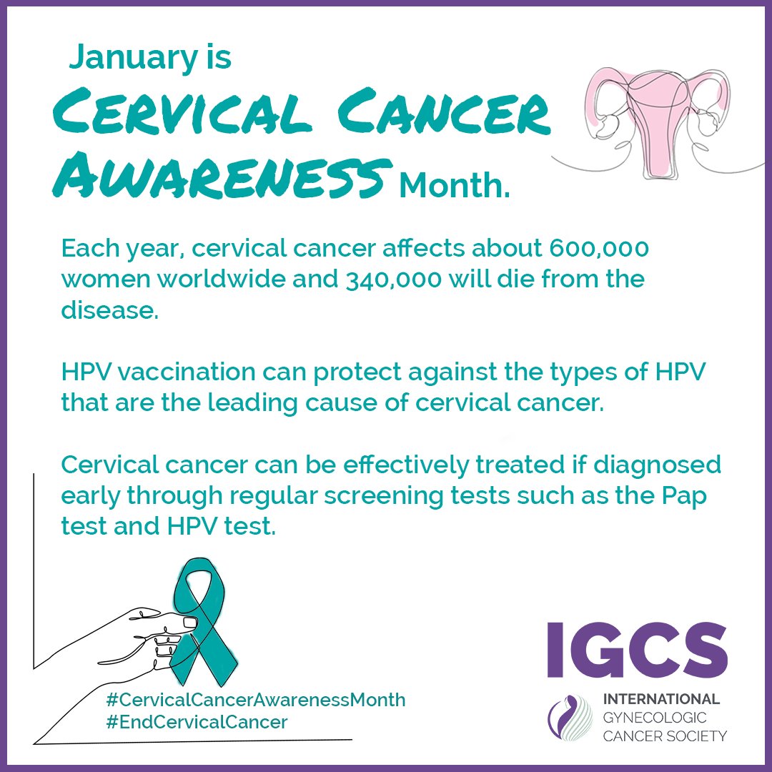 IGCSociety's tweet photo. January is #CervicalCancerAwarenessMonth #CCAM! #VaccinateEarly #GetScreened. IGCS has developed a social media toolkit so you too can play a part in driving awareness about #CervicalCancer this month. Get the toolkit here: https://t.co/UEsNKtbeAf 

#EndCervicalCancer #gyncsm https://t.co/G3b4xJvIXx