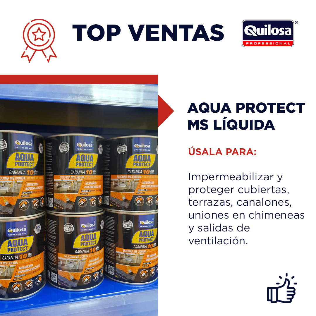 QuilosaSLU's tweet photo. Entre nuestros #TOPVentasQuilosa no podría faltar la familia #AQUAPROTECT. Con nuestra SILICONA MS LÍQUIDA puedes:
✔ Impermeabilizar y proteger cubiertas, terrazas, canalones, uniones en chimeneas y salidas de ventilación. https://t.co/lAsbOO2U6E