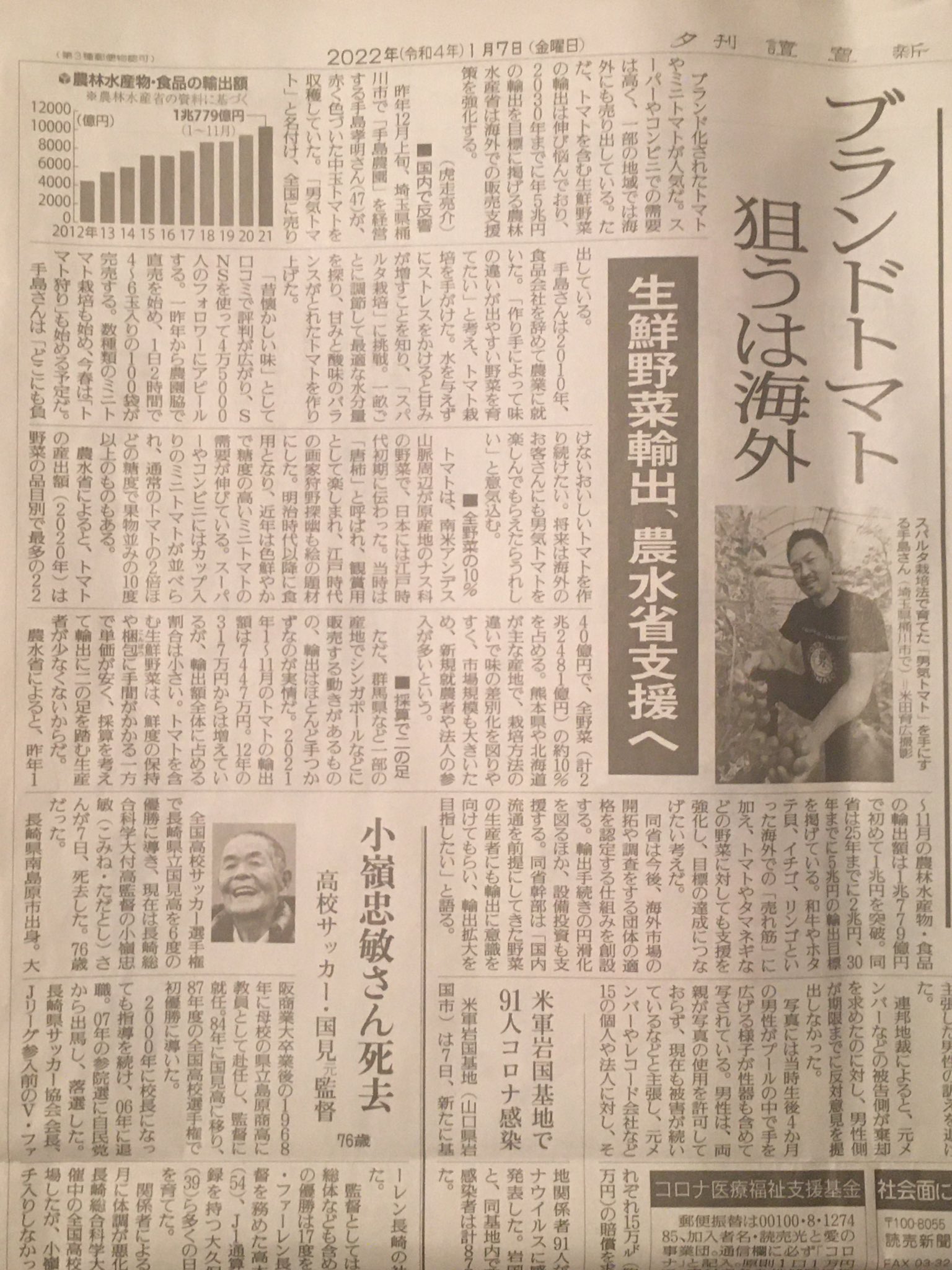 手島農園 男気トマト L 孤高の脱サラ農インフルエンサー こんトマ 日中もツイートさせて頂きましたが 本日1 7の読売新聞 夕刊 に男気トマトの記事が掲載されました 相変わらず笑顔はイマイチですが モノクロなので実物よりは1ミクロン良く