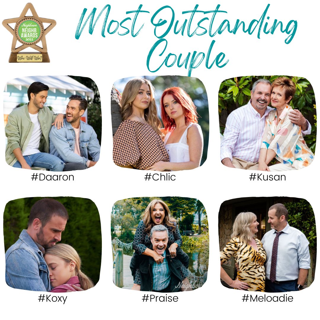 TheNeighbAwards's tweet photo. ⭐️THE NOMINEES FOR MOST OUTSTANDING COUPLE ARE:

❤️#Daaron
🧡#Chlic 
💛#Kusan 
💚#Koxy 
💙#Praise 
💜#Meloadie 

ROUND 2 VOTING: https://t.co/r9ZWkLJKuR

#NeighbAwards #Neighbours https://t.co/wmRqIoVHX1