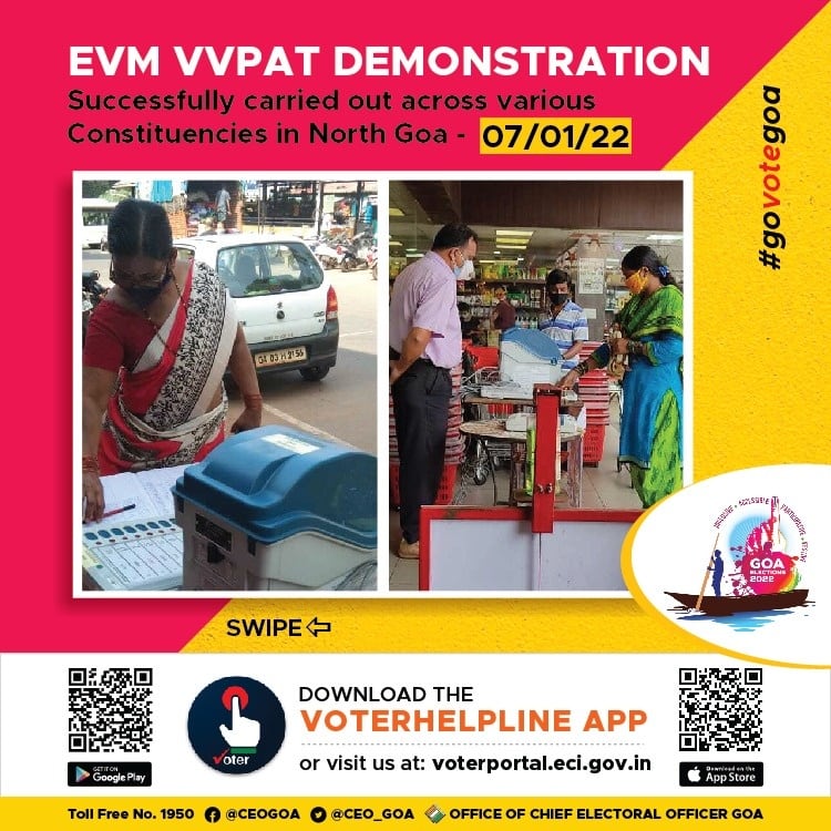 CEO_Goa's tweet photo. EVM demonstration across various Assembly Constituencies in North Goa held on 07-01-2022. @Coll_NorthGoa @ECISVEEP
#govotegoa #govote #NoVoterToBeLeftBehind #Sveep #election22 #voterawareness #KnowYourEVM #ITrustEVM #ElectionCommissionOfIndia #GoaVotes #GoaReadytoVote #Goa https://t.co/SeKZSom4B1