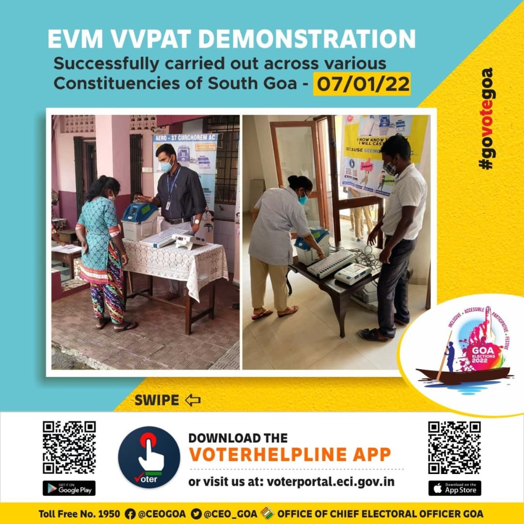 CEO_Goa's tweet photo. EVM demonstration across various Assembly Constituencies in South Goa held on 07-01-2022. @Coll_SouthGoa @ECISVEEP
#govotegoa #govote #NoVoterToBeLeftBehind #Sveep #election22 #voterawareness #KnowYourEVM #ITrustEVM #ElectionCommissionOfIndia #GoaVotes #GoaReadytoVote #Goa https://t.co/Sgia2Br9QK