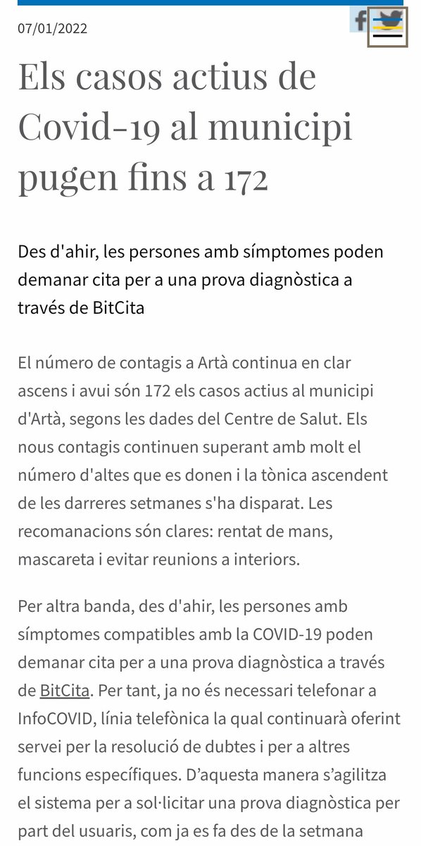RadioArta107_9's tweet photo. L'Ajuntament informa de l'augment de casos de COVID segons el PAC d'Artà.
#Responsabilitat #BitCita #COVID19 #Artà https://t.co/CIC0xCHdNn