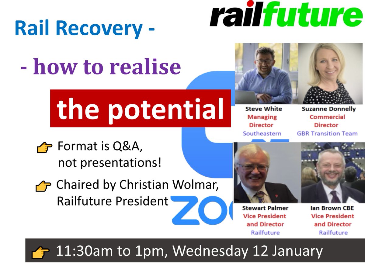 Railfuture's tweet image. Our Webinar "Rail Recovery - how to realise the potential" is this coming Wednesday (12th) - 11:30am to 1pm.  A (mainly) Q&amp;amp;A session lead by our President @christianwolmar. Learn more at ow.ly/GkZh50Hp2XX or skip to the Zoom reg'n ow.ly/yN9950Hp2XW