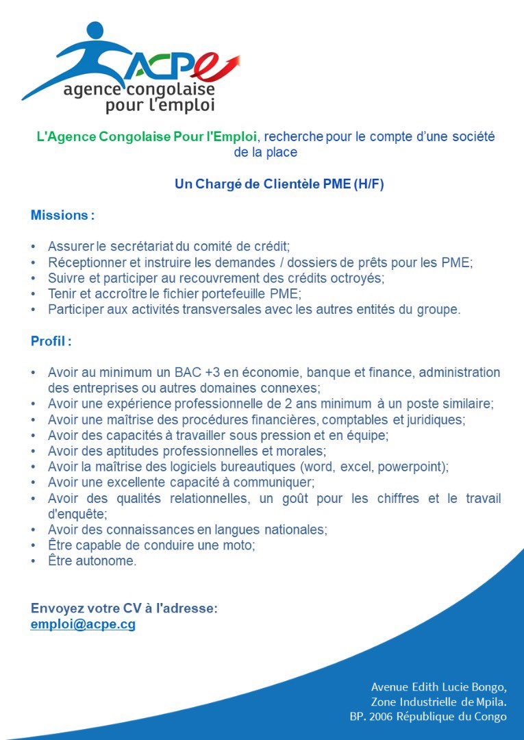 AcpeCg's tweet photo. 📢 Donnez vous une chance en envoyant votre CV à emploi@acpe.cg en précisant l'offre à laquelle vous postulez dans "l'objet" de votre mail. 
Avant le 24 janvier 2021 

#EnsemblePourlEmploi 🖇💼
#ChezMoiAuCongo https://t.co/Ro5C5DE77B