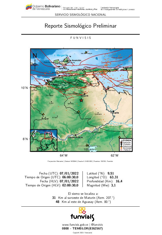 FUNVISIS's tweet photo. **FUNVISIS**
Ultimo Sismo
2022/01/ 7 02:00
Mag (Mw): 3.1
Prof: 16.4 km
Epicentro: 9.505 N 63.307 O
31 Km al suroeste de Maturin https://t.co/6AEfAEHeQV