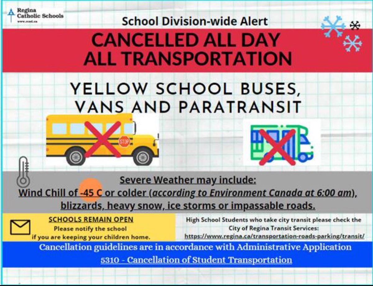 RCSD_No81's tweet photo. All Transportation is cancelled again today because of the cold weather. Schools remain open. Please report any absences. https://t.co/w0xwNuNhGQ