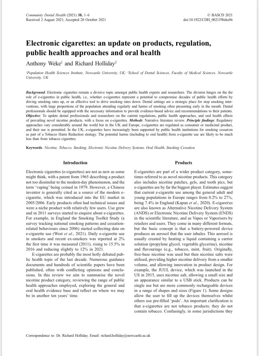 Anthony Weke (@wekeanthony) on Twitter photo An update on e-cigarette regulations, public health approaches and oral health. Especially useful to inform dental professionals, researchers and individuals interested in e-cigs. Excited to finally have this published and thoroughly enjoyed working on this with <a href="/DrRichHolliday/">Richard Holliday</a>. An update on e-cigarette regulations, public health approaches and oral health. Especially useful to inform dental professionals, researchers and individuals interested in e-cigs. Excited to finally have this published and thoroughly enjoyed working on this with <a href="/DrRichHolliday/">Richard Holliday</a>.